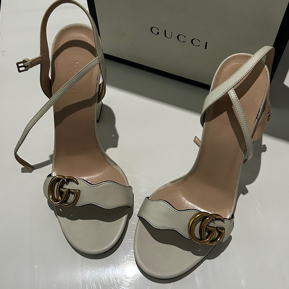Gucci GG Marmont Leather Heeled Sandal in White